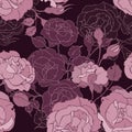 Seamless floral pattern with fawn tender pink roses on a dark burgundy background. vector illustration Royalty Free Stock Photo