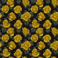 Seamless Floral Pattern flower pattern on black background. beautiful vintage yellow rose and decorative leaf silhouette. Black Royalty Free Stock Photo