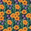 Seamless floral pattern, botanical print with large large flowers, wild herbs, leaves. Vector. Royalty Free Stock Photo