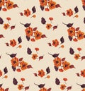 Seamless floral pattern with flowers on branches in autumn colors, imitation of watercolor, vector. Royalty Free Stock Photo