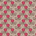 Seamless floral pattern. Flowers with bright heart-shaped carmine petals, brown leaves, grayish-orange background