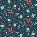 Seamless floral pattern, botanical background, folk ornament Flowers, leaves on blue Vector illustration. Royalty Free Stock Photo
