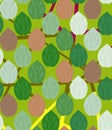 Seamless floral pattern, forest landscape. Multicolored trees in green meadow and roads. Vector illustration for textile, cards