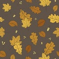 Seamless floral pattern with forest leaves scattered random in gold colors