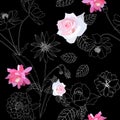 Seamless floral pattern with gardening flowers on black background. Delphinium, rose, epiphyllum, verbena, cosmos Royalty Free Stock Photo