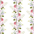 Seamless floral pattern with garland of garden flowers, leaves and branches islated on white background. Roses, lilies Royalty Free Stock Photo