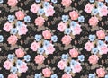 Seamless floral pattern with garlands of ligth pink roses, blue pansies and umbrella flowers on black background. Luxury print