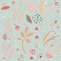 Seamless floral pattern with geometrically shaped plants on modern dotted background. Repeating Pattern
