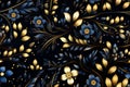 seamless floral pattern with gold and blue flowers on a black background Royalty Free Stock Photo