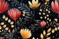 seamless floral pattern with gold leaves and flowers on a black background Royalty Free Stock Photo