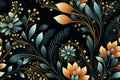 seamless floral pattern with gold and orange flowers on a black background Royalty Free Stock Photo