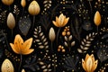 seamless floral pattern with golden leaves and berries on a black background Royalty Free Stock Photo