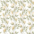 Seamless floral pattern. Green and gold laves and branches on white background