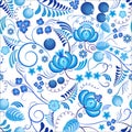 Seamless floral pattern Gzhel with blue ornamental flowers and white background. Russian ornament Royalty Free Stock Photo