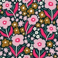 Seamless floral pattern with hand drawn flowers and mushrooms. Spring polka dot summer blossom background. Perfect for fabric