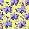 Seamless floral pattern with hand drawn orchids on yellow background