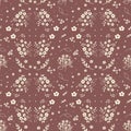 Seamless floral pattern hand drawn small white silhouette flowers in bouquet twigs berries on dark red background, fabric, scrapbo