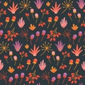 Seamless floral pattern with hand drawn wild flowers, leaves and herbs on dark background. Royalty Free Stock Photo