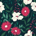 Seamless floral pattern, elegant flower print with large hand drawn flowers, leaves. Botany vector Royalty Free Stock Photo