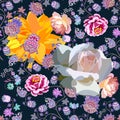 Seamless floral pattern with huge rose and dahlia, little fantasy flowers and paisley on black background. Beautiful print