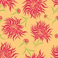 Seamless floral pattern with the image of pink dahlia flowers and buds on a juicy yellow background. Design for wallpaper, fabric Royalty Free Stock Photo