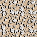 Seamless floral pattern with ink graphics flowers on craft paper textured background with shades. Alstroemeria. Seamless