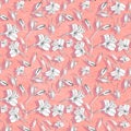 Seamless floral pattern with ink graphics flowers on paper textured coral background with shades. Alstroemeria. Seamless