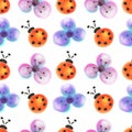 Seamless floral pattern with insects. Watercolor background with hand drawn flowers and ladybugs. Royalty Free Stock Photo