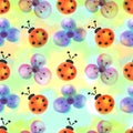 Seamless floral pattern with insects. Watercolor background with hand drawn flowers and ladybugs.