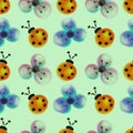 Seamless floral pattern with insects. Watercolor background with hand drawn flowers and ladybugs. Royalty Free Stock Photo
