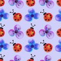 Seamless floral pattern with insects. Watercolor background with hand drawn flowers and ladybugs. Royalty Free Stock Photo