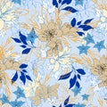 Seamless floral pattern. Large flowers on a blue background. Bright ornament for fabric. Vector endless texture Royalty Free Stock Photo