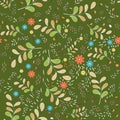 Seamless floral pattern of large olive-orange branches and small colored elements in the form of flowers, leaves, light twigs and