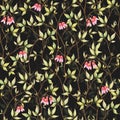 Seamless floral pattern with leaves and decorative flowers on a black background, drawn by colored pencils