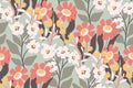 Seamless floral pattern, liberty ditsy print with a cartoon spring meadow in a retro motif, wild flowers, leaves. Vector design. Royalty Free Stock Photo