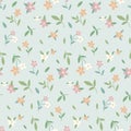 Seamless floral pattern, liberty ditsy print with cute mini plants, simple small flowers on blue. Vector flower design.