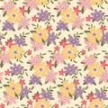 Seamless floral pattern, liberty ditsy print with cute rustic motif bouquets, small flowers, leaves. Vector flower design.