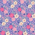 Seamless floral pattern, liberty ditsy print with delicate delicate flowers, grass, leaves, simple meadow. Vector. Royalty Free Stock Photo