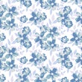 Seamless floral pattern, liberty ditsy print in folk rustic style: small blue flowers bouquets on white. Vector flower design. Royalty Free Stock Photo