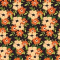 Seamless floral pattern, simple flower print in a retro motif, small flowers bouquets, leaves on a dark background. Vector ditsy Royalty Free Stock Photo