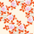 Seamless floral pattern with light pink roses, orange leaves and musical notes on beige background Royalty Free Stock Photo