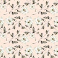 Seamless floral pattern - lily flowers elements, leaves branches on pink background