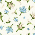 Seamless floral pattern with lily of the valley and forget-me-not flowers. Vector illustration