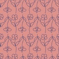 Seamless floral pattern with line art hand drawn simple flowers and leaves. Retro minimalistic background. Abstract botanical
