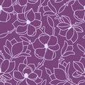 Seamless floral pattern. A linear hand drawing with flowers and leaves of magnolia. A light outline on a lilac