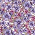 Seamless floral pattern made of pink and purple malva flowers on white background. Watercolor painting.