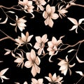 Seamless floral pattern with magnolias on a black background, watercolor. Royalty Free Stock Photo
