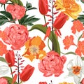 Seamless floral pattern with many kind of orange flowers: tulips, peony, tulips, narcissus on white background. Royalty Free Stock Photo