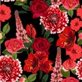 Seamless floral pattern with many kind of red flowers: roses, lilies, peony, lupines on black background.