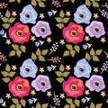 Seamless floral pattern in naive style. Anemones and poppies, bird cherry and little bell flowers isolated on black background